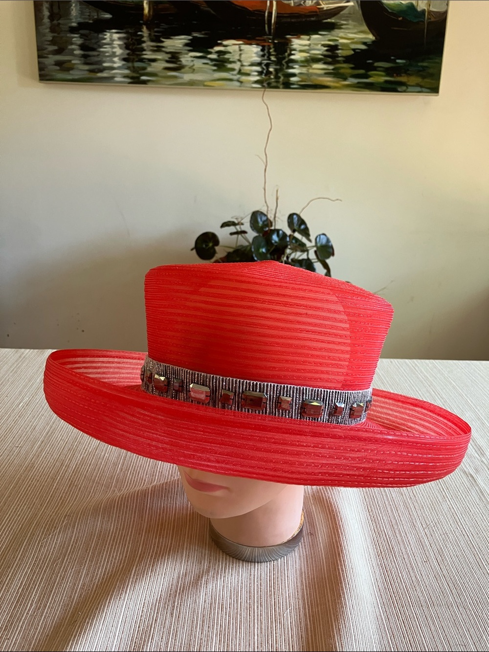 Red Wide Brim Women's Decorative Band Hat